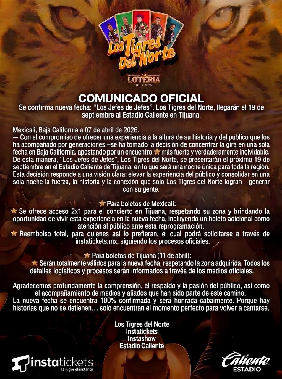 Los Tigres del Norte reprograman concierto en Baja California; Mexicali se integra a presentación en Tijuana