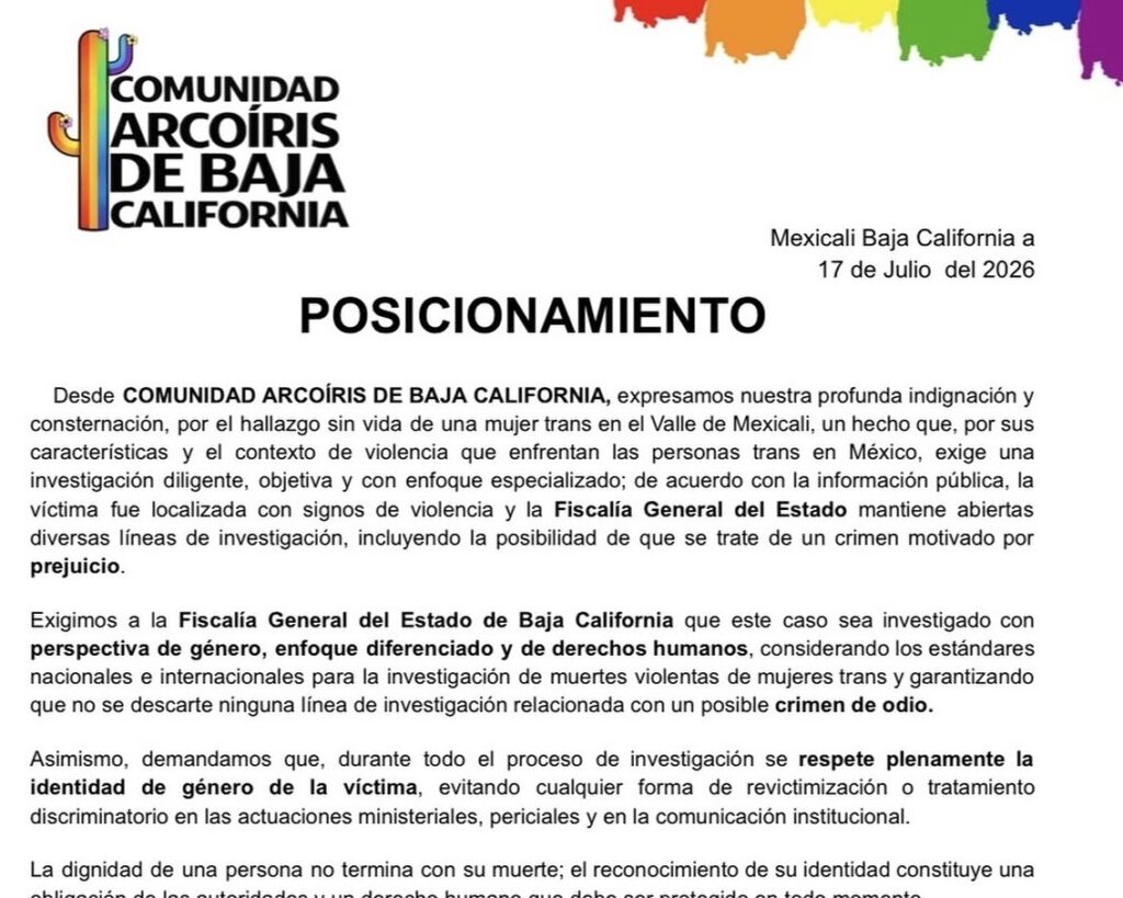 Comunidad Arcoíris exige investigar como posible transfeminicidio hallazgo de persona trans en el Valle de Mexicali