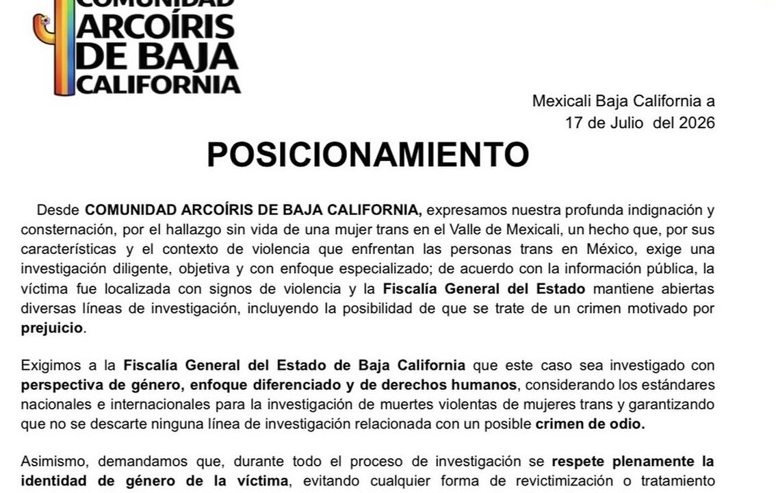 Comunidad Arcoíris exige investigar como posible transfeminicidio hallazgo de persona trans en el Valle de Mexicali