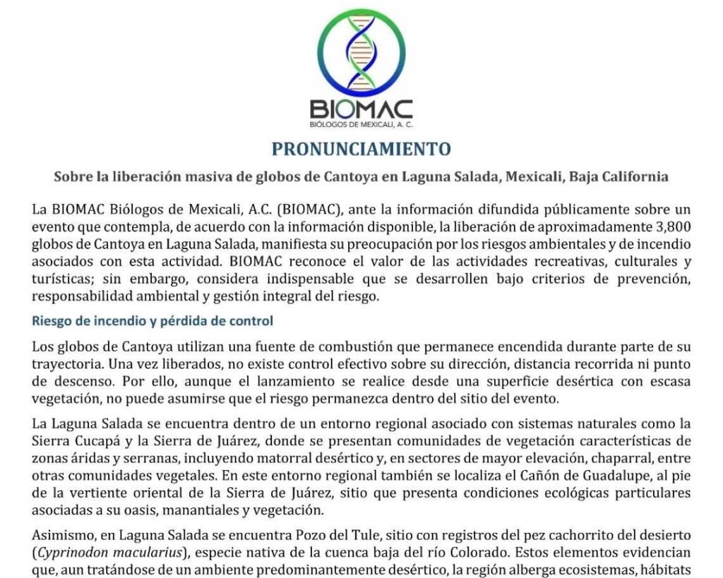 BIOMAC advierte riesgos ambientales por liberación de 3 mil 800 globos de Cantoya en Laguna Salada