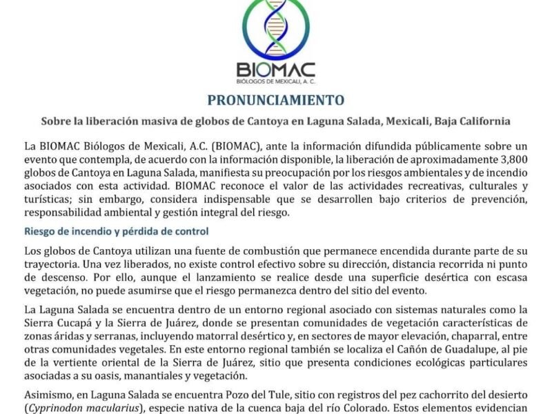 BIOMAC advierte riesgos ambientales por liberación de 3 mil 800 globos de Cantoya en Laguna Salada